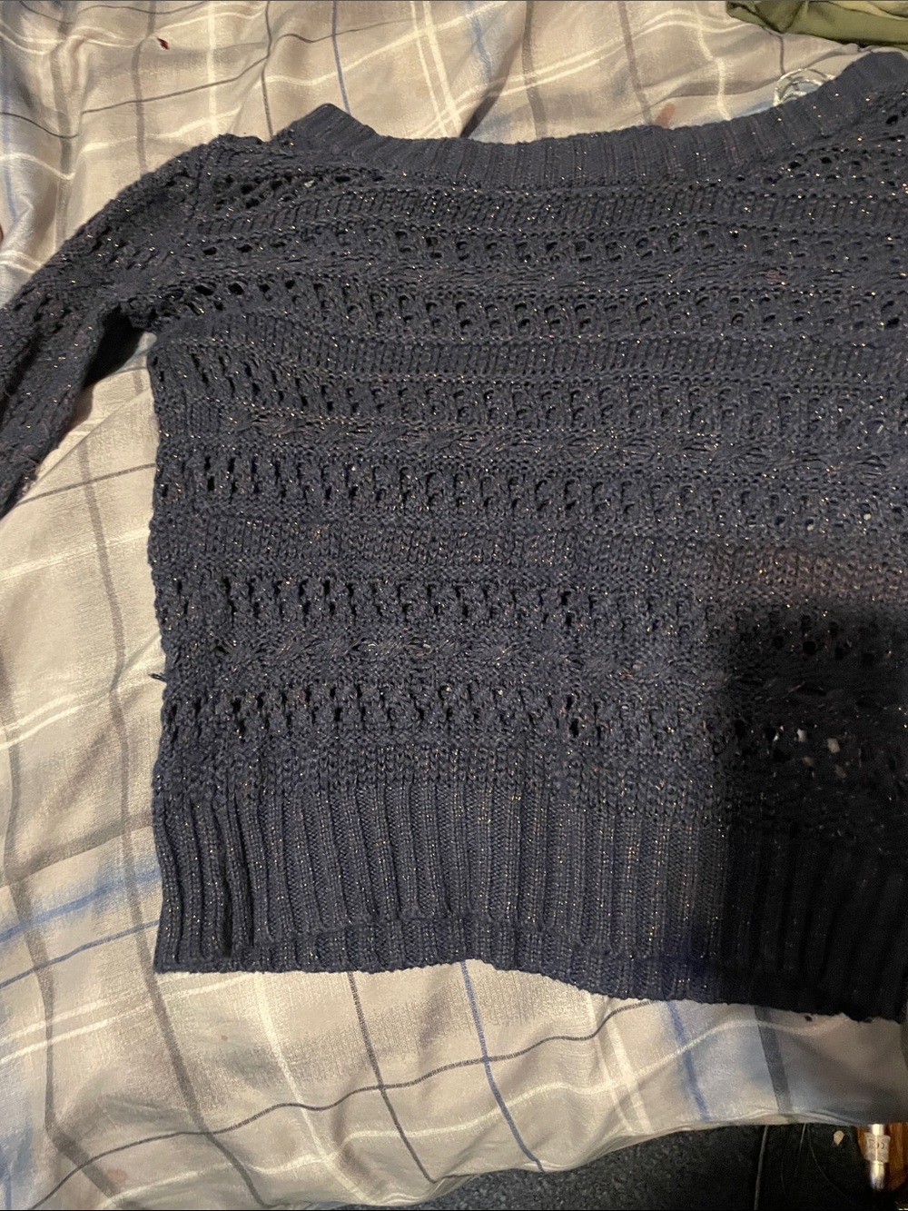 Takeout Navy Openwork Off-the-Shoulder Sweater